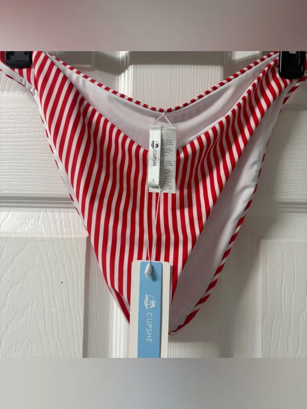 Cupshe High Cut Red & White Stripe Bikini Bottoms Women’s Size Large NEW